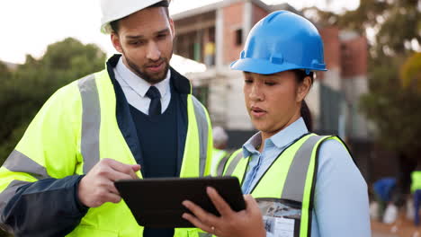 Tablet,-man-and-woman-architect-with-inspection