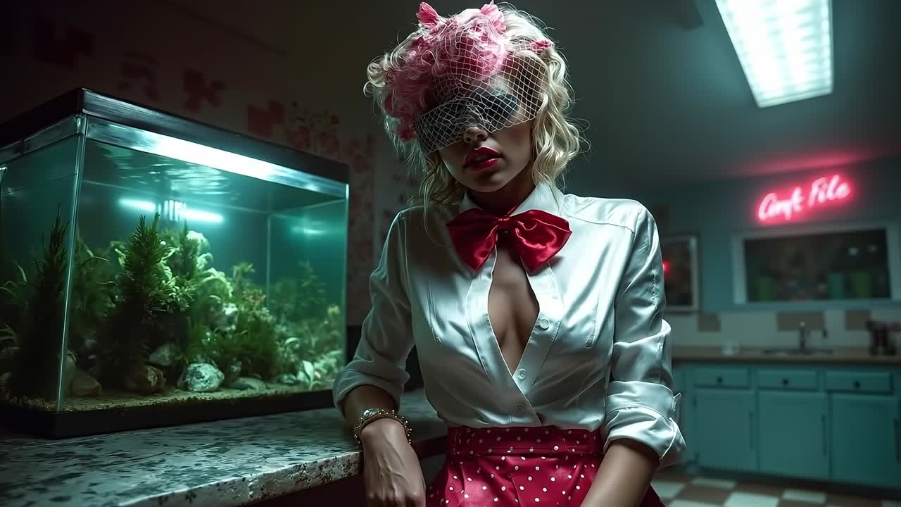 A woman in a white shirt and red bow tie standing in front of a fish tank