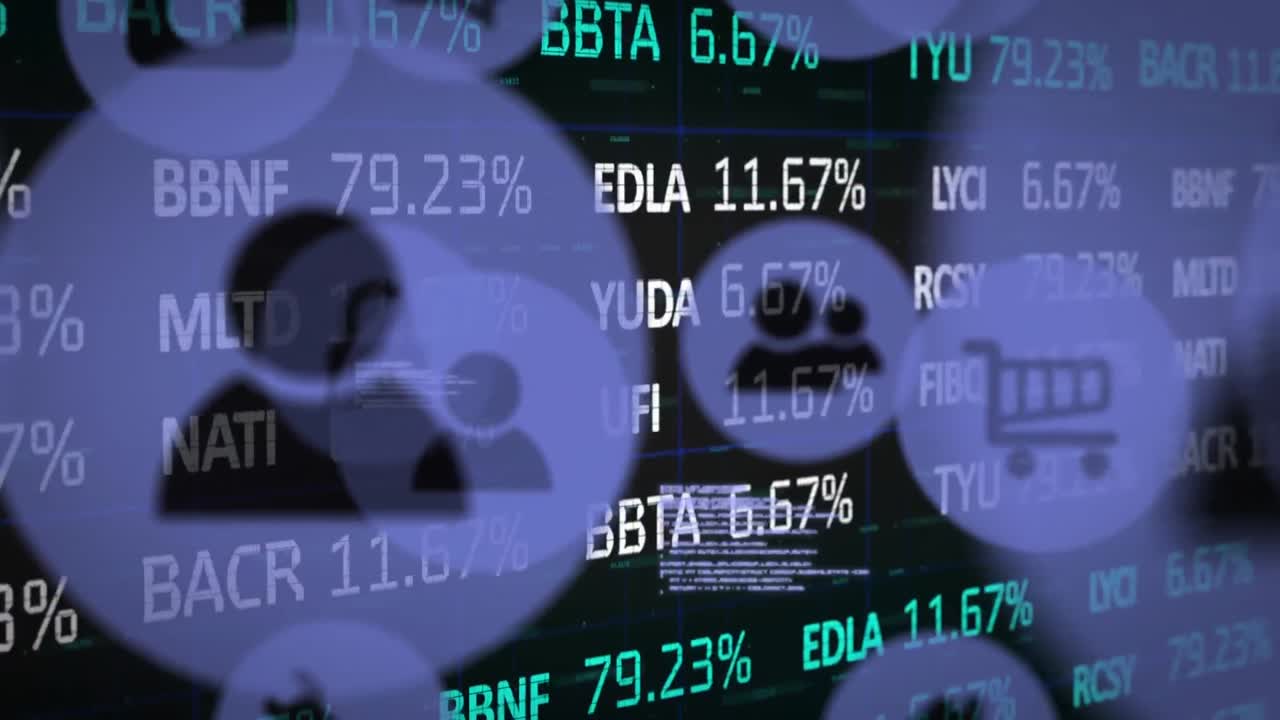 주식 시장 데이터 처리에 맞서 움직이는 디지털 아이콘