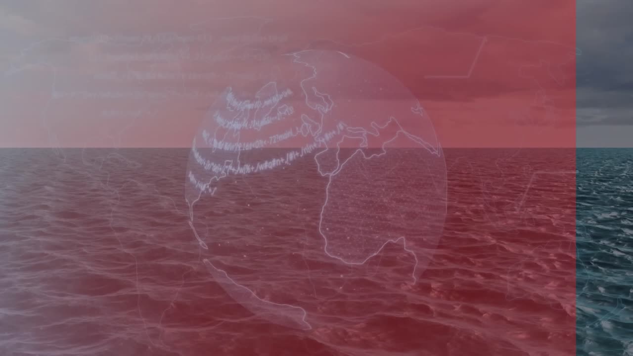 심장 박동 모니터의 애니메이션과 바다에 대한 회전하는 지구에 대한 데이터 처리.