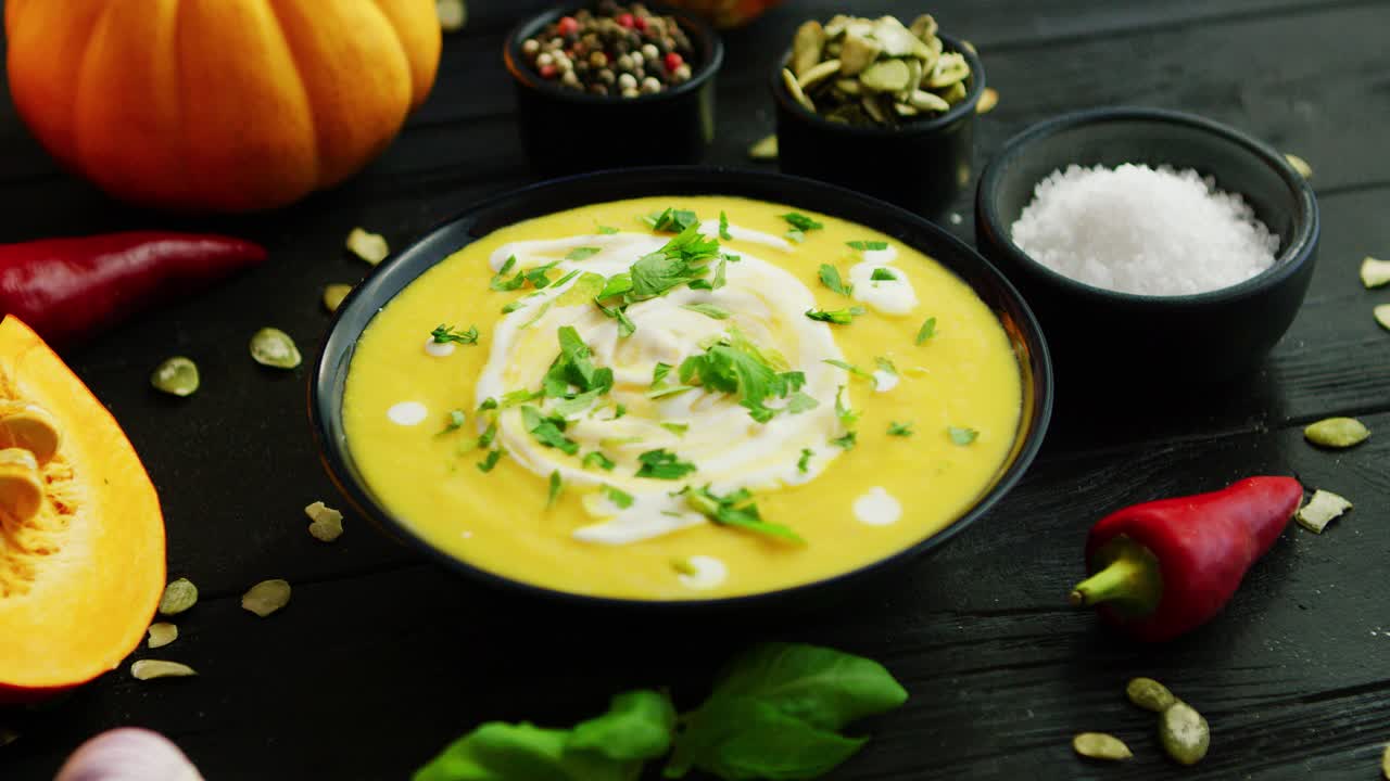 sopa de calabaza en un tazón espolvoreado con hierbas