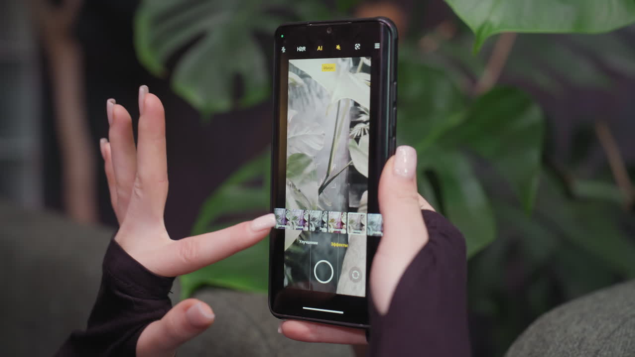Close-up of woman holding smartphone while adjusting photo settings to capture green plant, with fingers interacting on screen in macro mode surrounded by indoor foliage and soft natural light