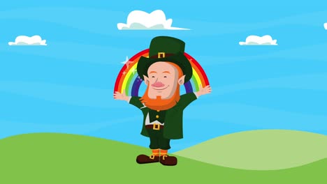 happy saint patricks day leprechaun with rainbow in the field
