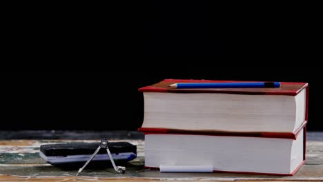 school supplies on wooden table