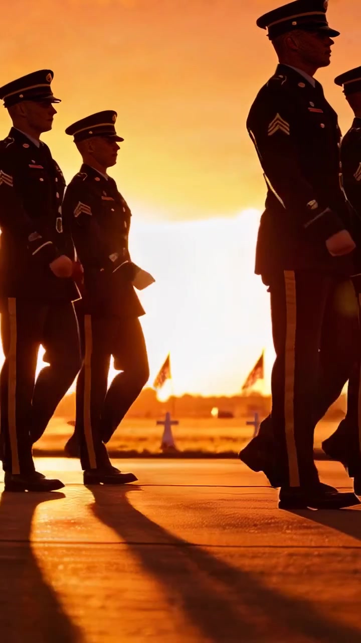 Vertical video: Marching uniformed troops across tarmac at sunset for ceremony, with peaked caps