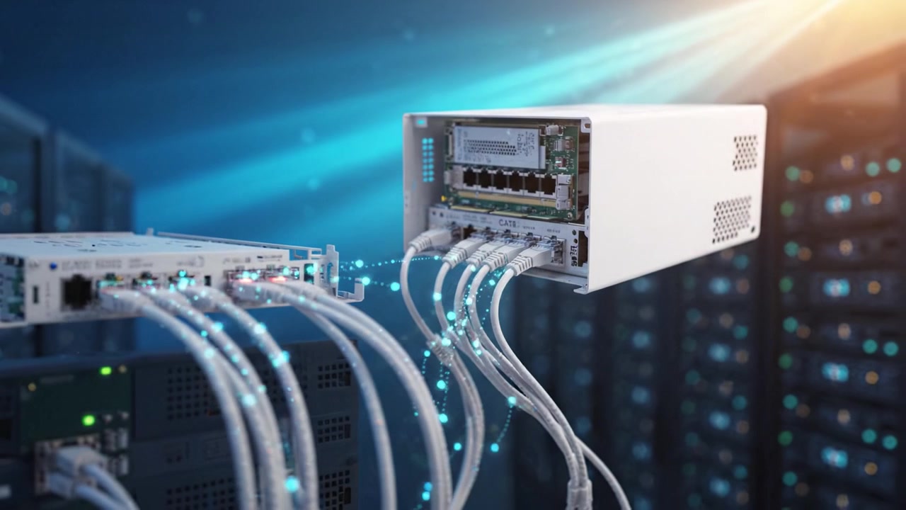 High-Tech Network Equipment with CAT8 Cables in Modern Data Center Showing Advanced Connectivity and Enhanced Performance for Seamless Data Transmission