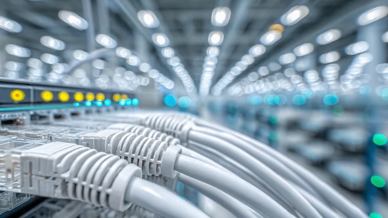 High-Definition Close-Up of Network Cables Connected to Data Switches in a Modern Server Room with Bright LED Lighting and Blurred Background for Technology Focus