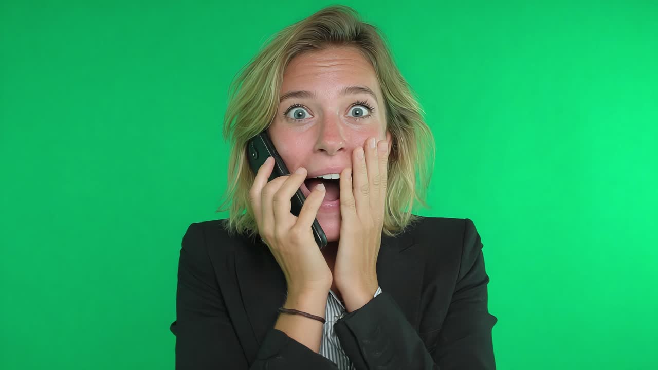 A Surprising Revelation: A Businesswoman's Journey of Emotion as She Receives an Unexpected Phone Call Amidst the Green Screen Background