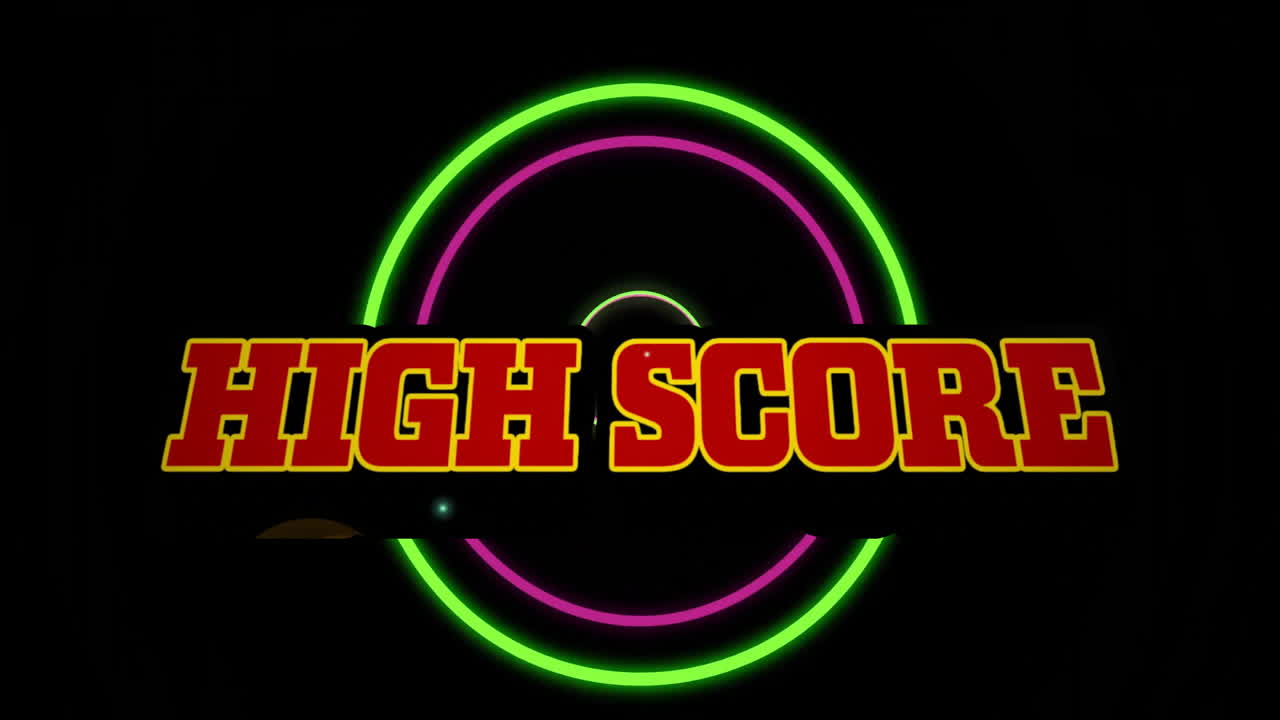 Neon arc animation on black background, highlighting high score text