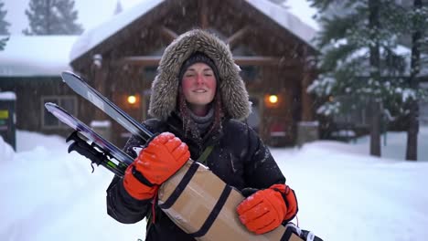 excited skier ready for adventure in snowy wonderland, embracing winter with smiles, ski gear, and a cheerful spirit amidst a snowy landscape