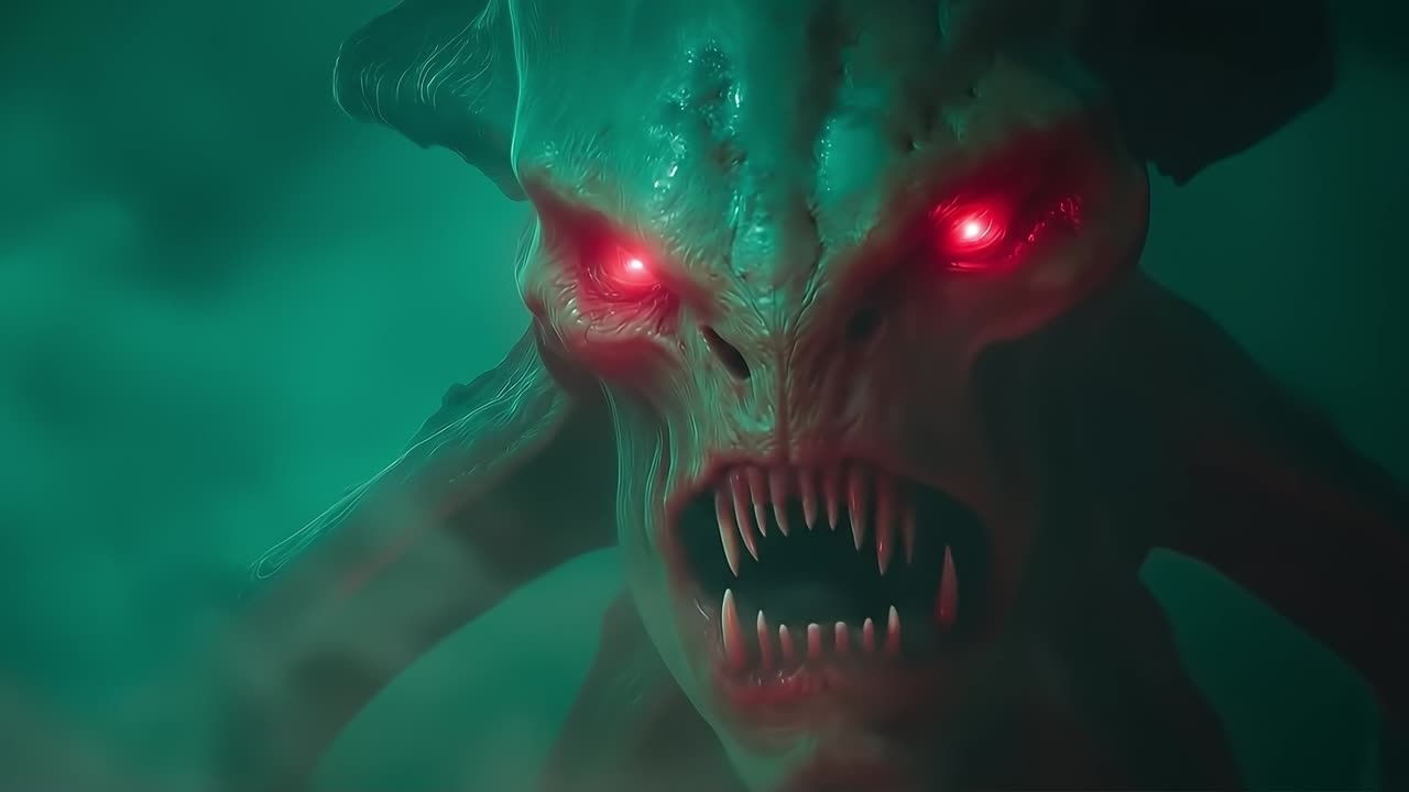 A close up of a monster with red eyes and fangs