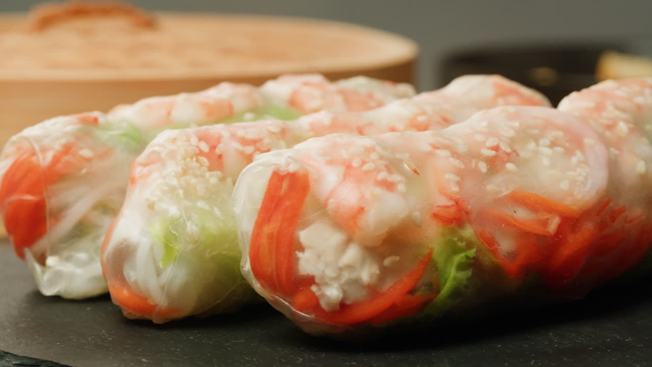 Close-up of Fresh Vietnamese Spring Rolls with Shrimp and Vegetables