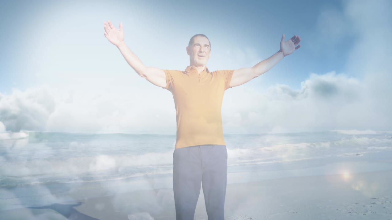 해변에 있는 행복한 노인 위에 반 ⁇ 이는 빛의 애니메이션