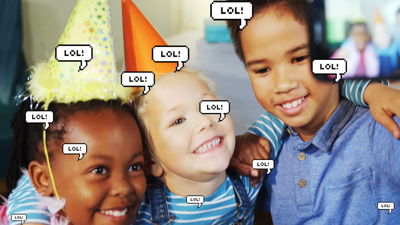 스마트폰으로 셀카를 찍는 아이들의 그룹에 대해 떠다니는 음성 거품에 대한 여러 개의 lol 텍스트