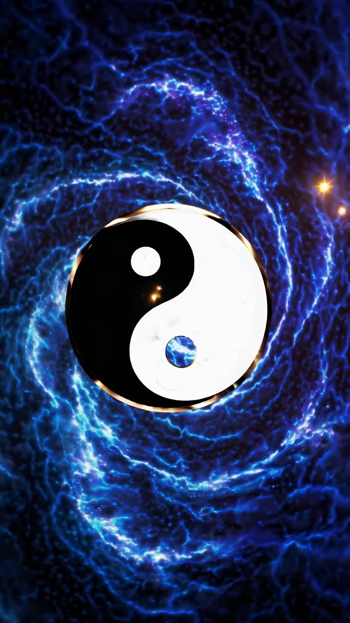 A video still featuring a yin-yang symbol at the center of a swirling blue and gold vortex