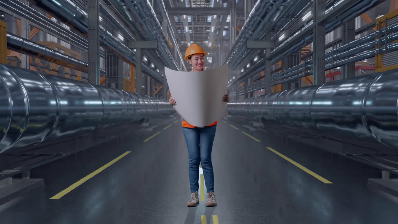 Full Body Of Asian Female Engineer With Safety Helmet Looking At Blueprint In Her Hands And Looking Around While Standing With Metal Pipes
