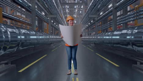 full body of asian female engineer with safety helmet looking at blueprint in her hands and looking around while standing with metal pipes