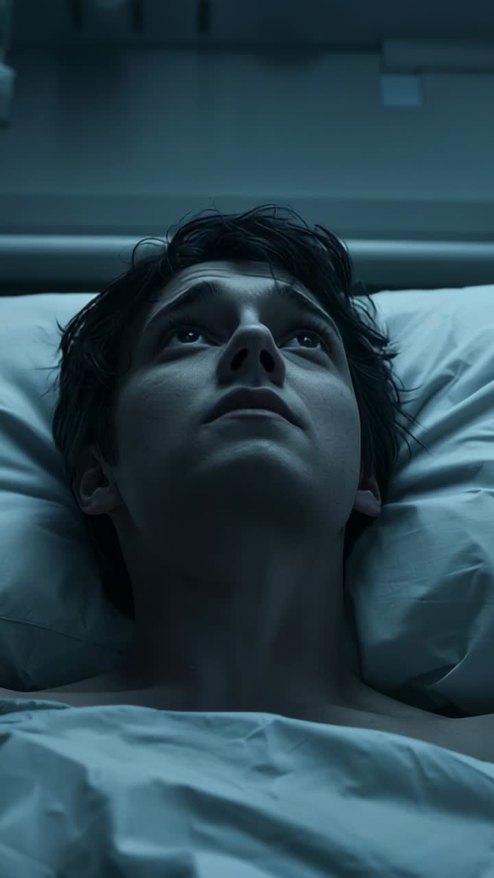Vídeo vertical: Adolescente dibujando con luz y grabando a un paciente con la luz del techo parpadeando en una cama de hospital con bolsa intravenosa