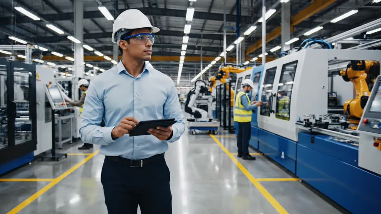 Engineer using tablet walking through smart factory
