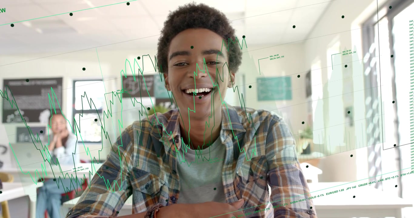 African American teen in plaid writing notes at school with yellow pencil, laughing amid overlays