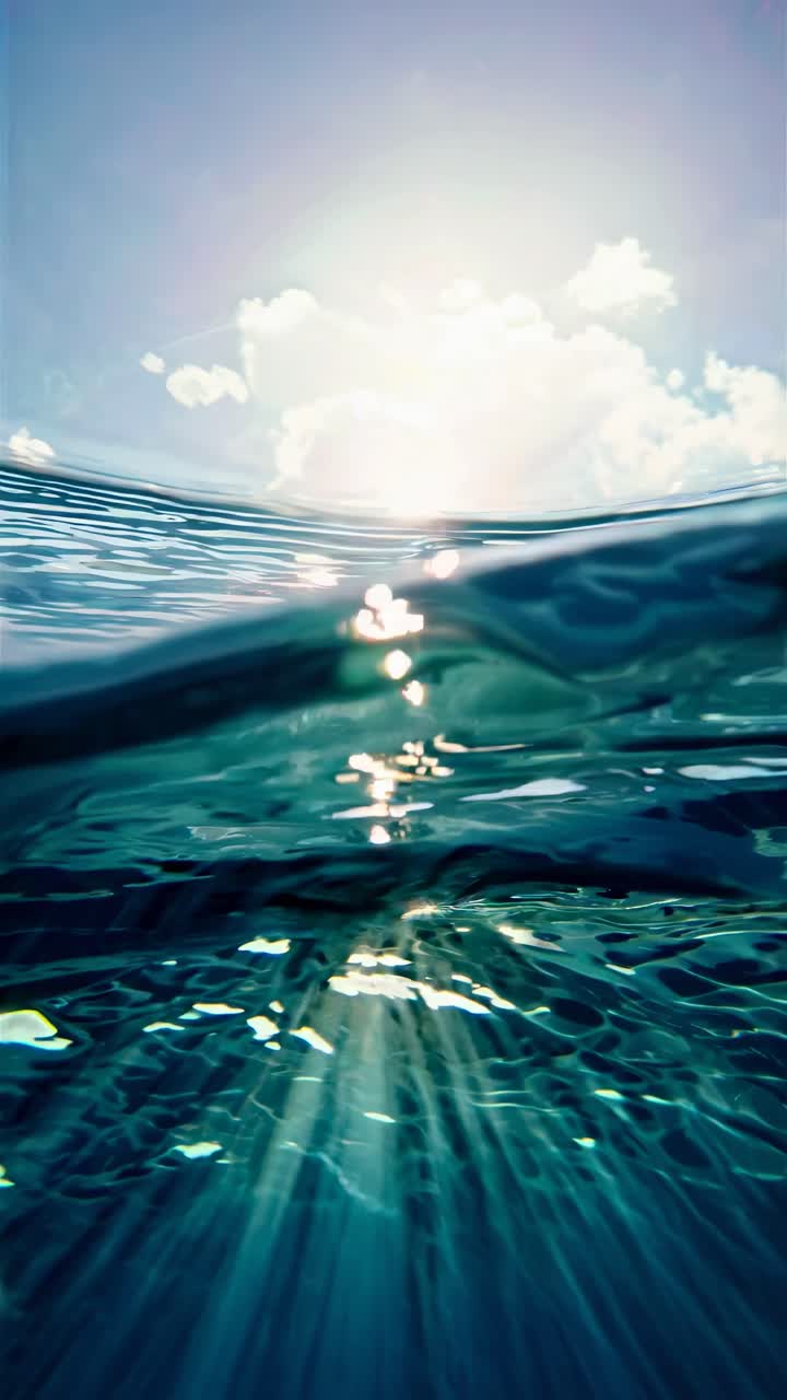Underwater video shot with a low-angle view capturing sunlight streaming through the water