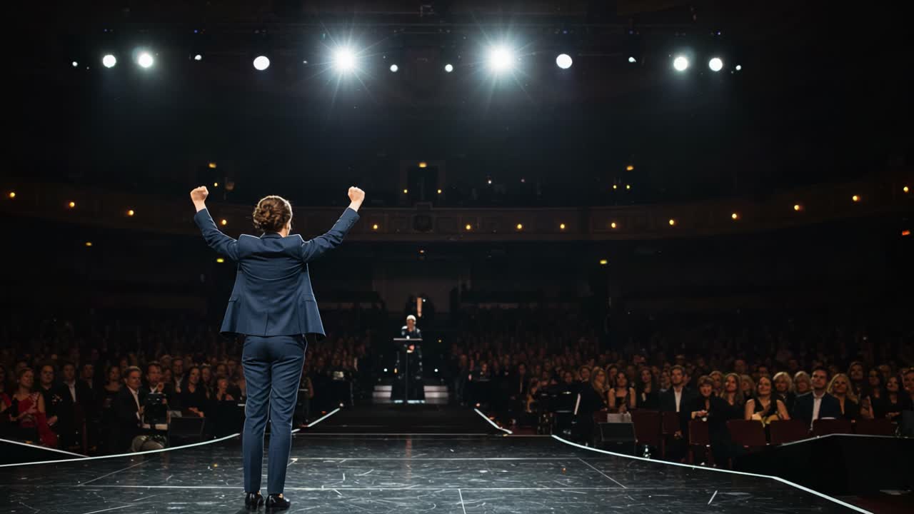 A Celebratory Moment on Stage: The Speaker Raises His Arms in Triumph in Front of a Captivated Audience, Under Bright Stage Lights and a Grand Theater Atmosphere