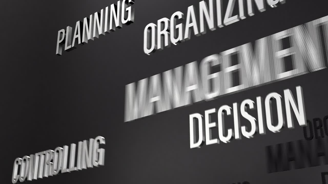 3D chrome text word cloud flying of Management animation effect. 4K 3D animation word flying word effect element for intro, title banner. Colorful Retro Gaming