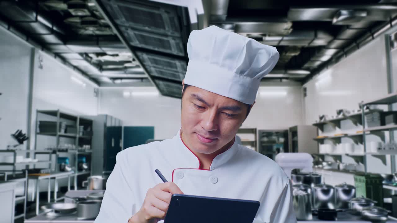 Chef utilisant une tablette dans une cuisine de restaurant