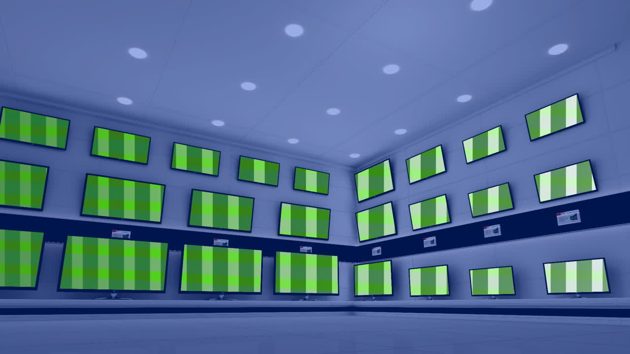 Animazione di file di televisori in un negozio con schermi luminosi e spazio per il testo