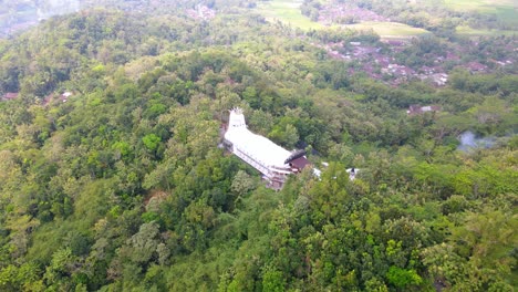 movimiento rápido órbita drone disparo de la iglesia en forma de pollo único en el medio del bosque