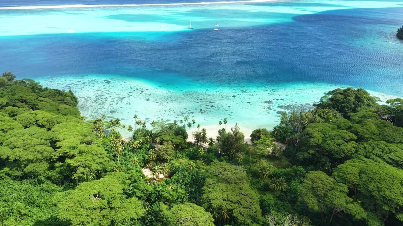 French Polynesia, Drone View of Isolated Beach With White Sand, Lagoon and Rainforest on Huahine Island
