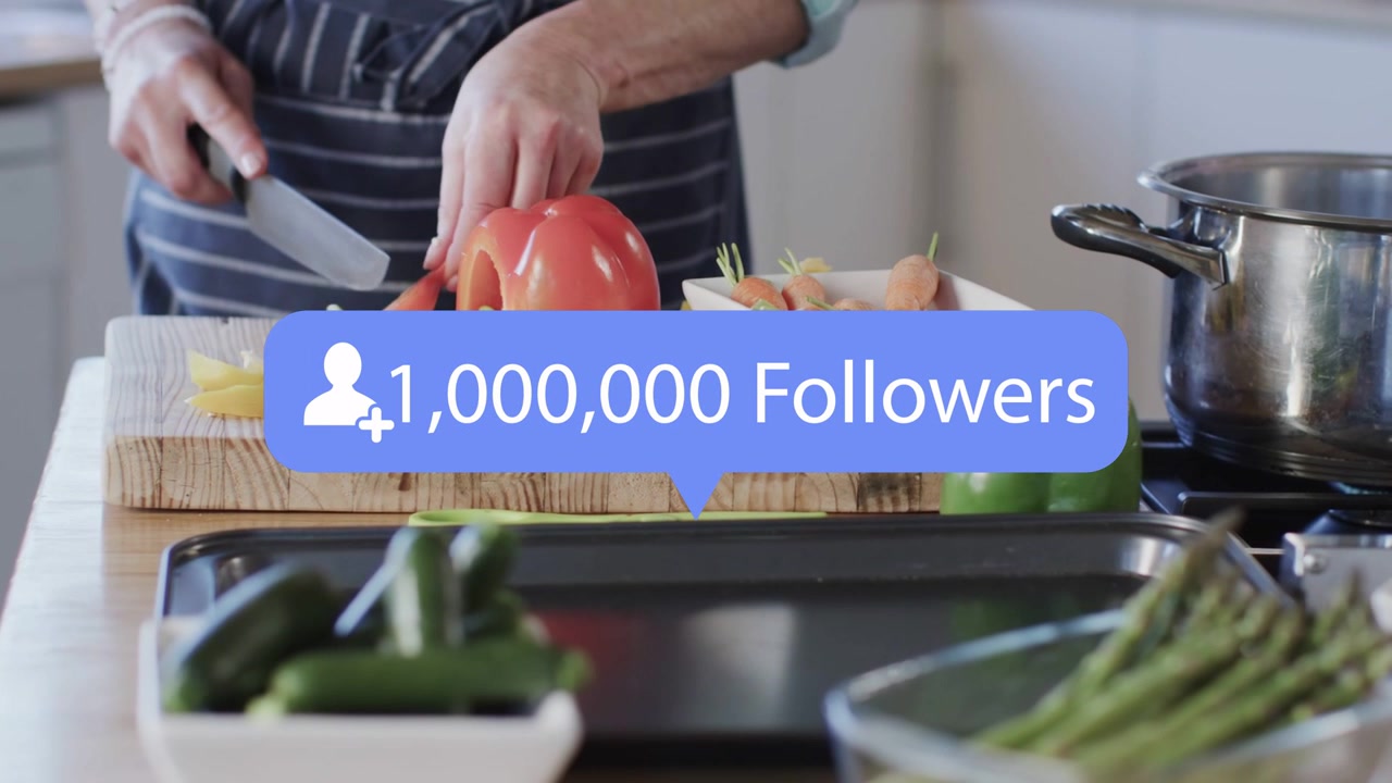 Woman food creator chopping pepper with knife sparking follower bubble rising to one million reach