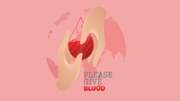 Animation of please give blood text, with hands and droplet logo over globe, on pink background