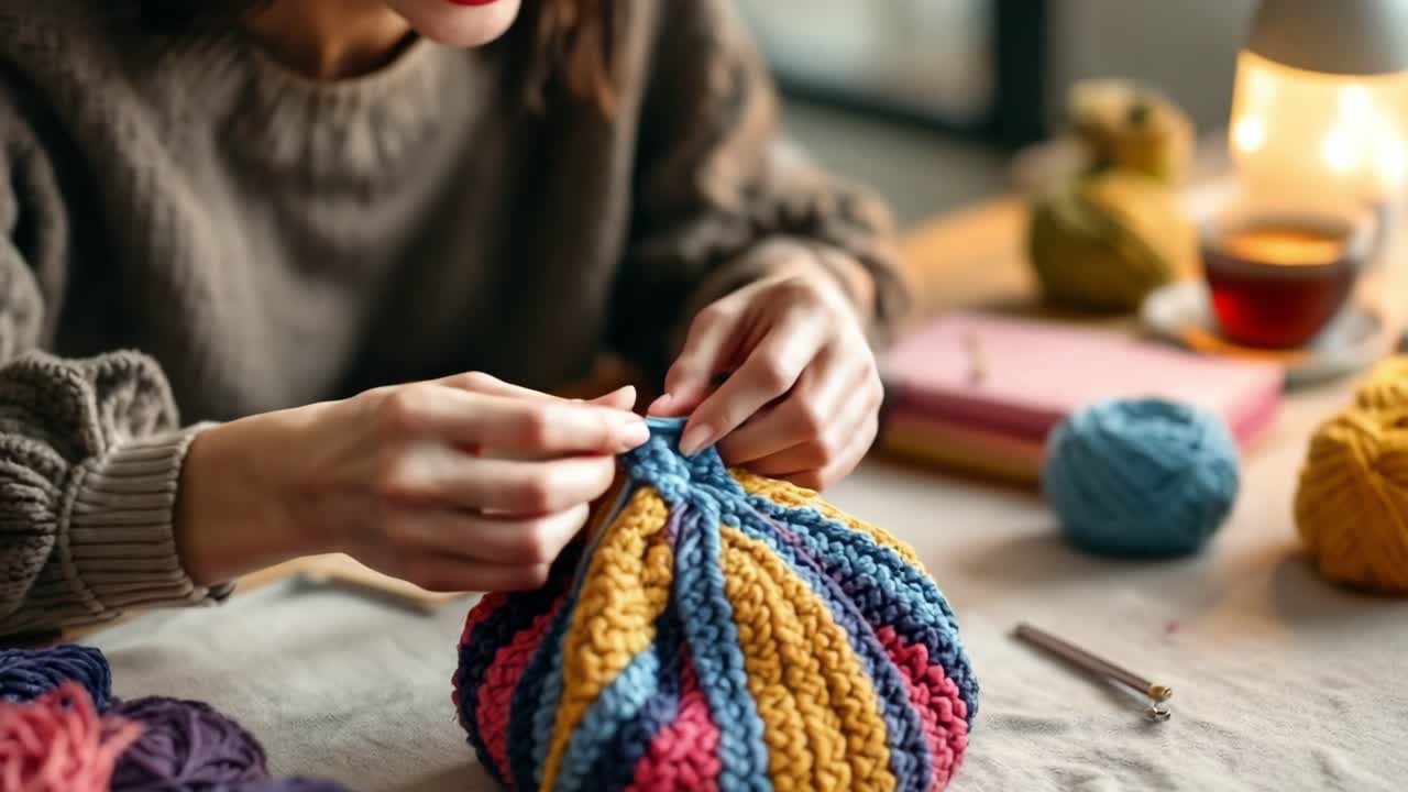 Woman knitting a colorful yarn ball at home, enjoying a cup of tea under warm lamp light, creating handmade crafts