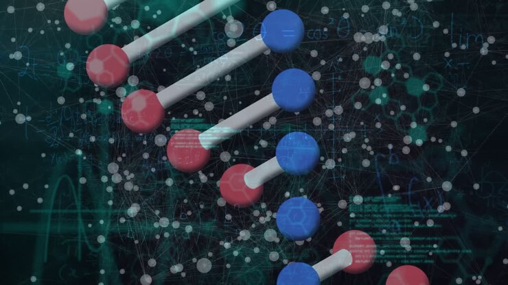 Animation of dna, molecules and data processing on black background