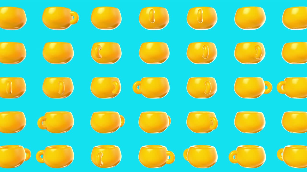 회전 된 커피 또는 차 컵과 함께 추상적인 모션 패턴 배경, 만화 현실적인 스타일의 3d 루프 애니메이션, 음식 및 음료 프로젝트를위한 현대적인 미니멀리즘 다채로운 예술 작곡.