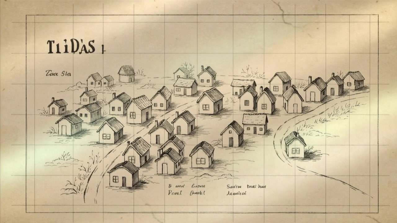 Camera shifting, light band moving revealing Tiidas village plan on parchment, exposing chimneys