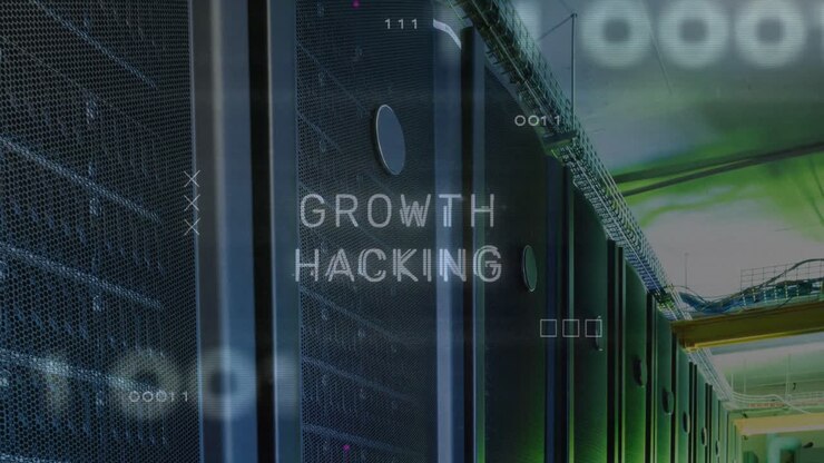Animation of growth hacking text and data processing over server room