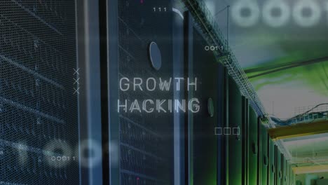 animación de texto de hacking de crecimiento y procesamiento de datos en la sala del servidor