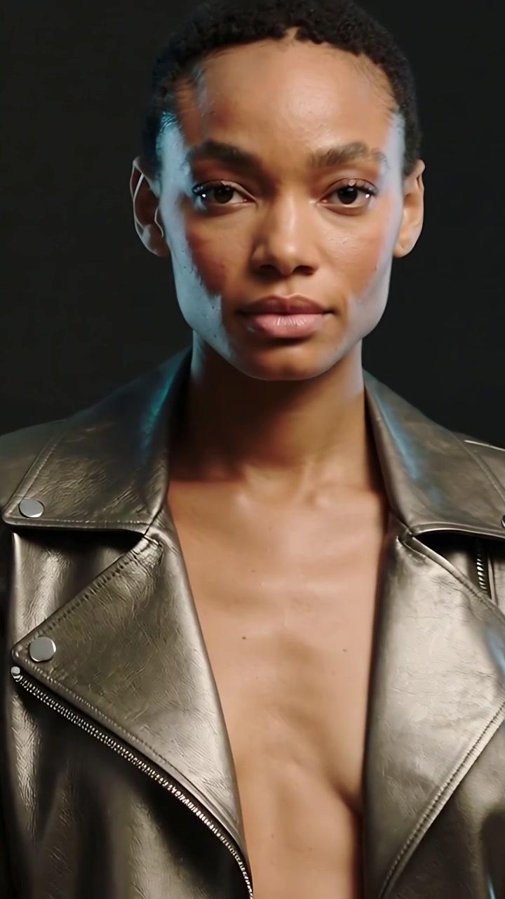 Vertical video: Camera pulling back, model holding pose in studio lighting, showing biker jacket
