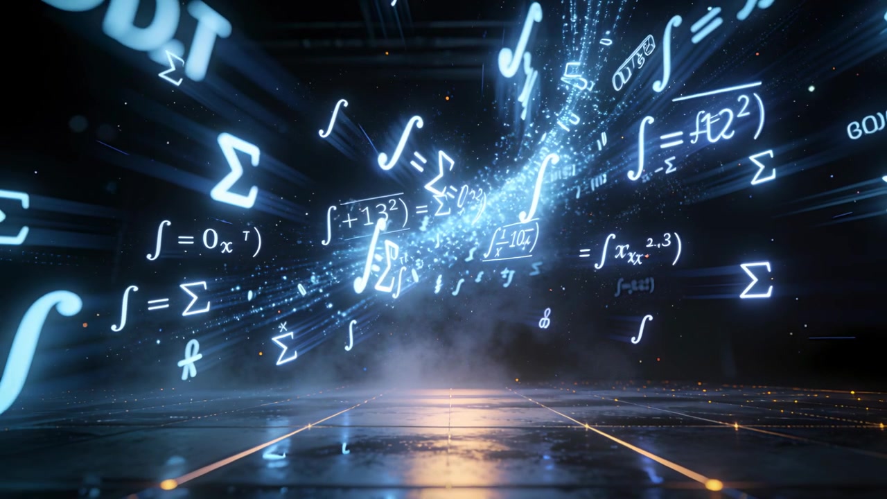 Streaming lit math symbols and particle ribbon emerging from upper right sweeping dark tiled floor