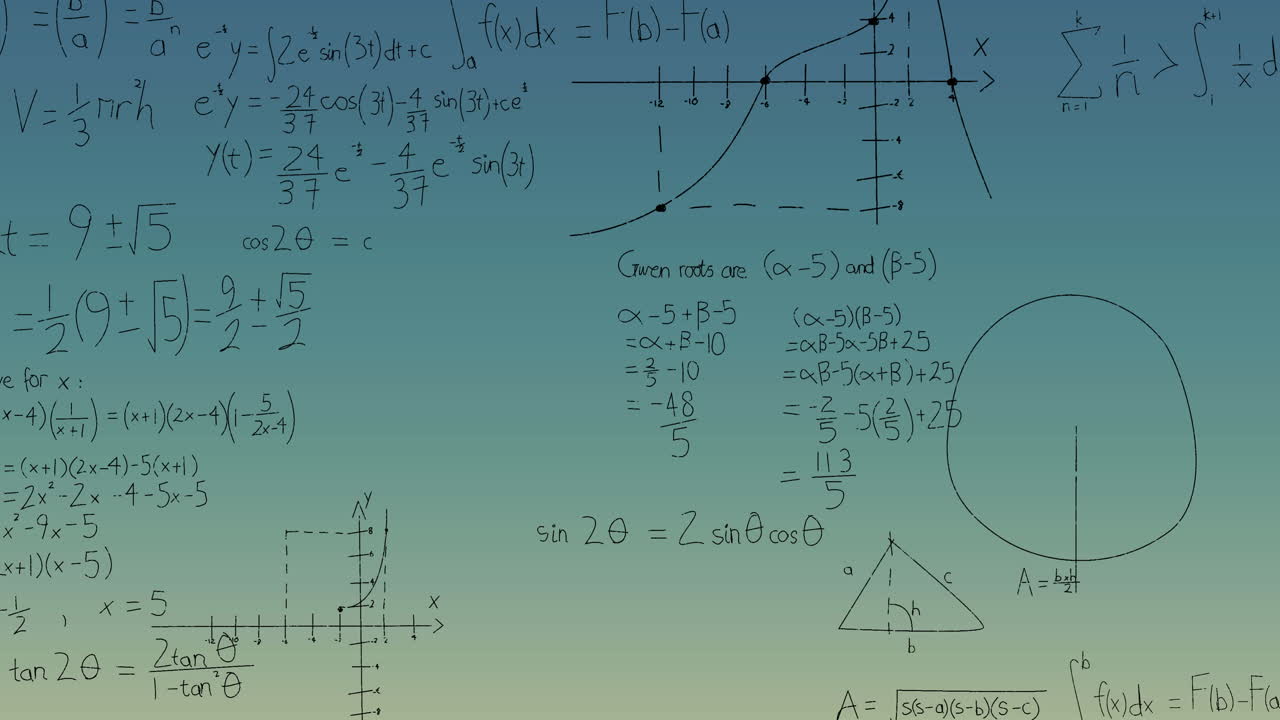 Animation of mathematical equations, formulas and diagrams against green gradient background