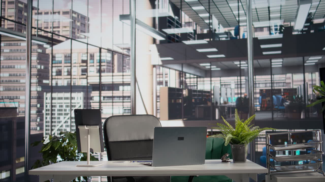 Interior, corporate work environment, modern furniture and office supplies,