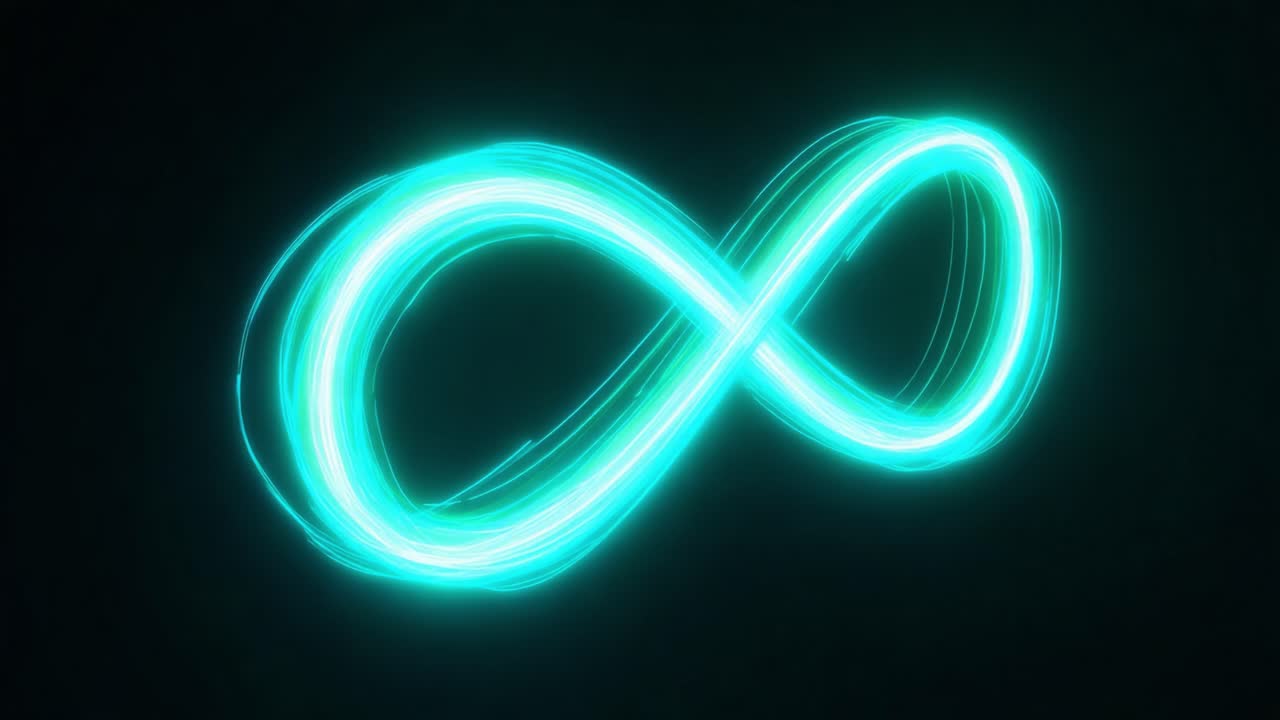 Animated abstract infinity symbol made of a continuous neon light line, glowing with a bright cyan color against a dark background, representing an endless and limitless concept