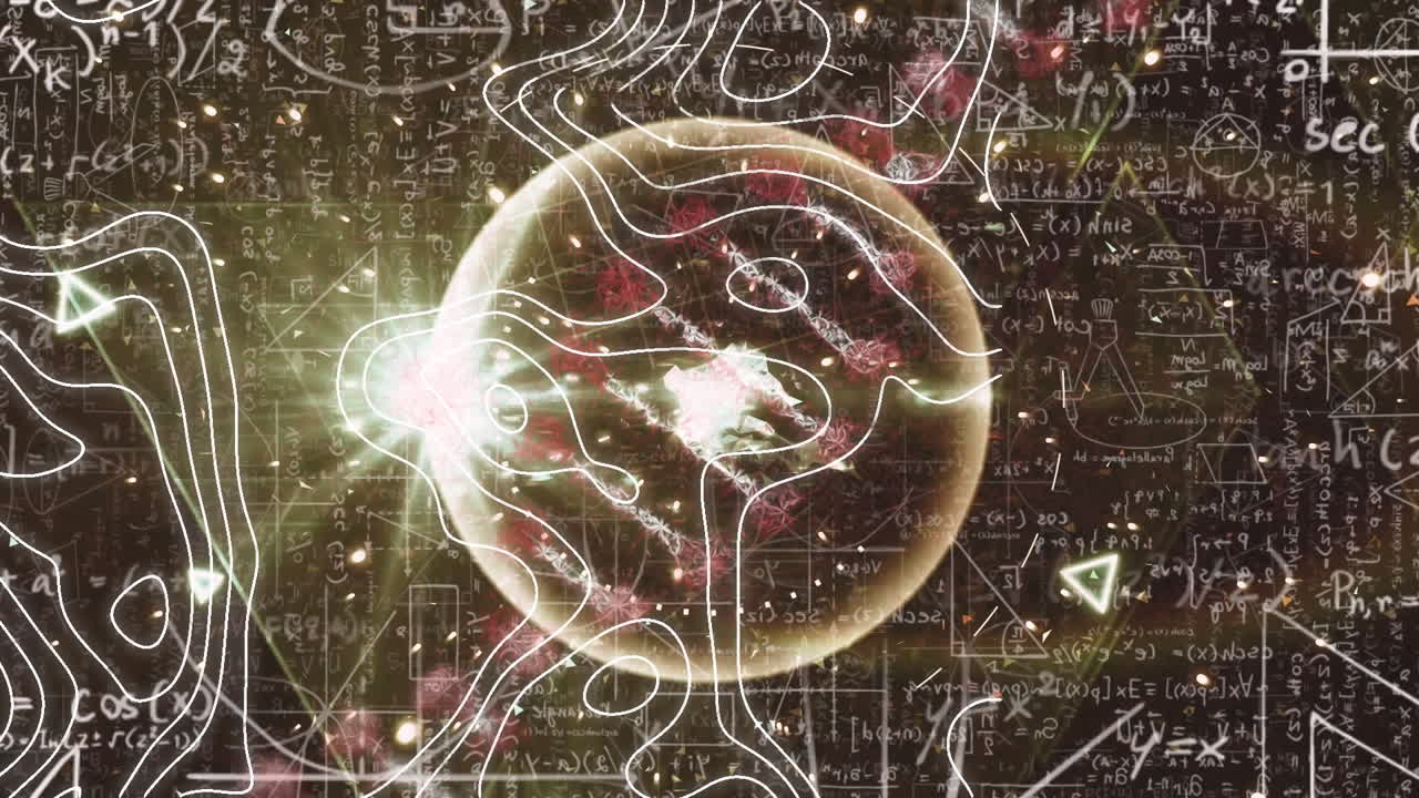 animación de rastros de luz, globo y ecuaciones matemáticas sobre fondo negro