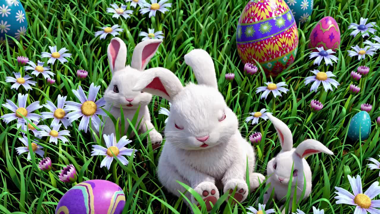 Whimsical video scene of three white rabbits among colorful Easter eggs and daisies