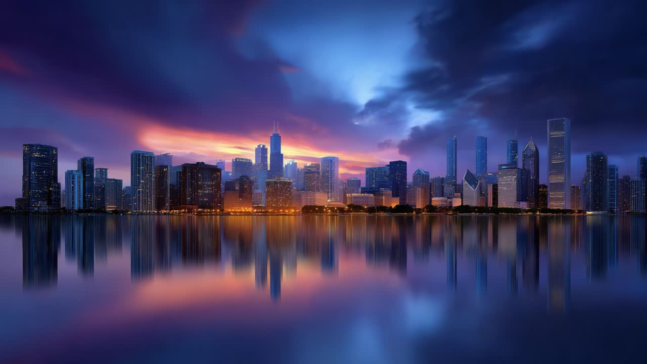 Stunning City Skyline at Dusk and Night: A Beautiful Reflection over Water Capturing Vibrant Colors and Architectural Wonders in Urban Landscape