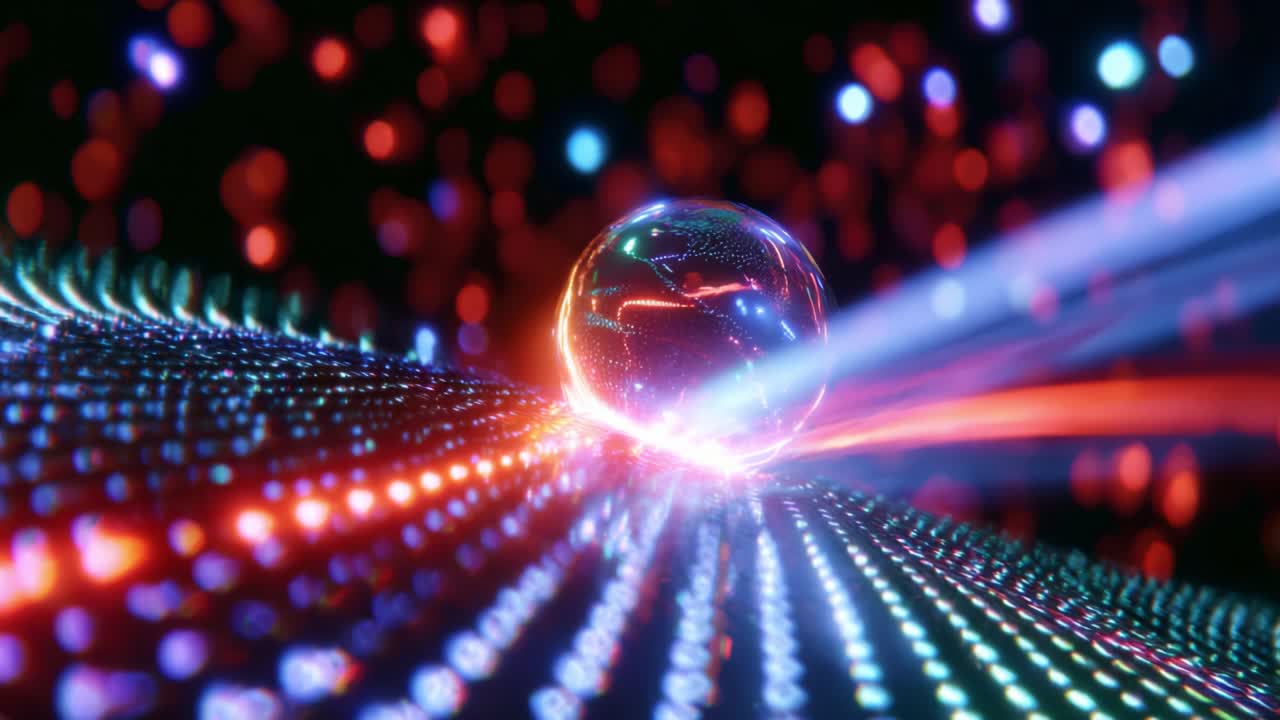 A mesmerizing visual composition featuring a reflective sphere positioned amidst an array of vibrant, luminous dots, illuminated waves of light radiating around, creating a dynamic ambiance of color and energy