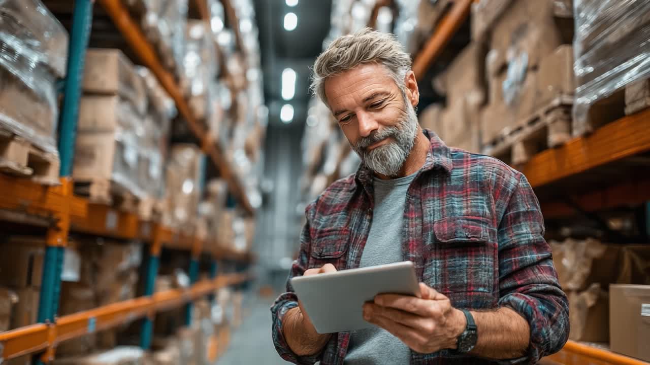 Magazziniere concentrato che utilizza un tablet digitale tra le file di inventario imballato in un deposito affollato