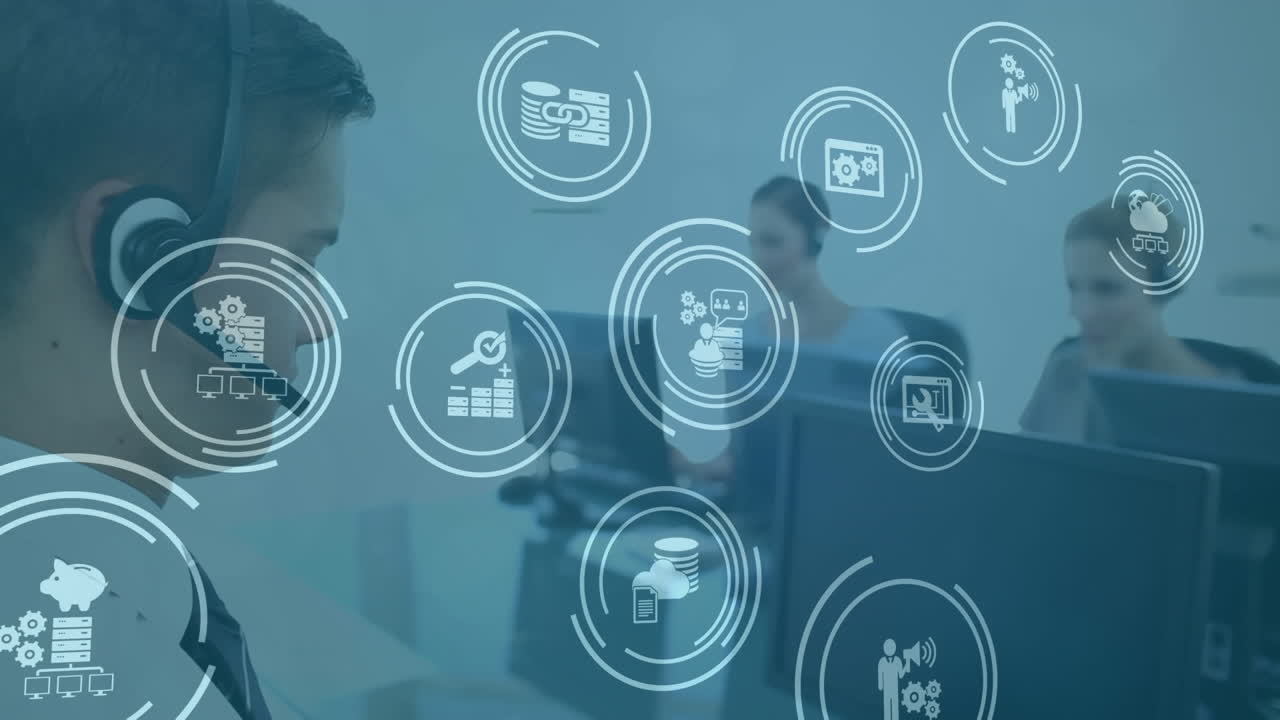 animación de la red de conexiones con iconos sobre personas de negocios que usan auriculares telefónicos